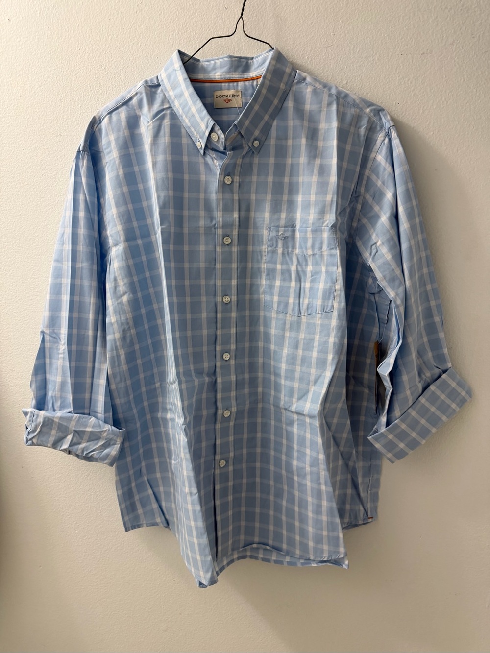 Dockers Men's Blue and White Plaid Button-Down Shirt